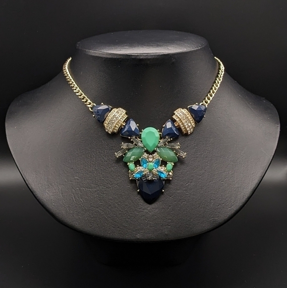 EGYPTIAN Revival Style Blue, Green, And Rhinestone Gold Toned Statement Chain - Picture 2 of 8
